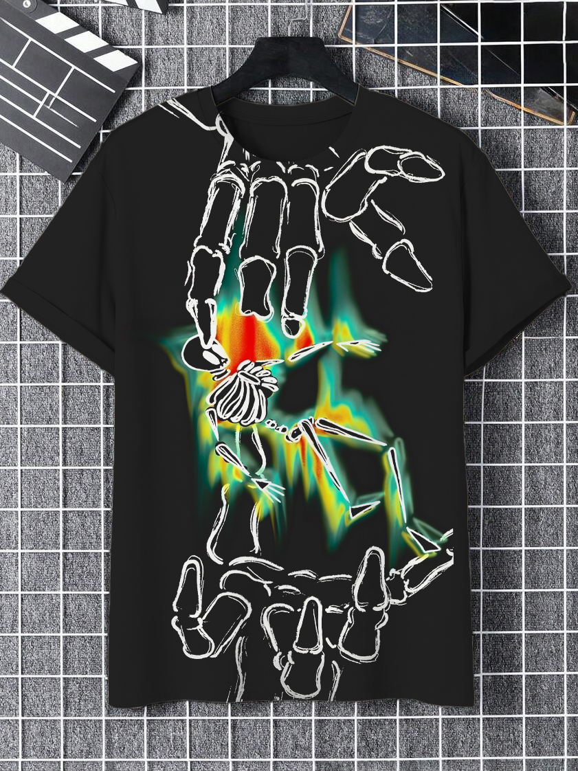 Men's Neon Gradient Skeleton Hand Clutch Small Skeleton Print T-Shirt