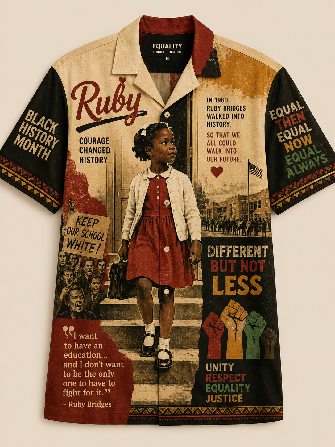 **American Flag Shirt for Patriotic Men - Ruby Bridges Black History Equality Fist Art Print Short Sleeve**