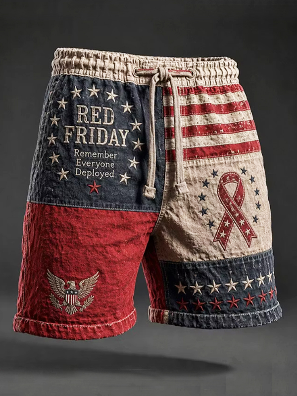 Men's Remember Everyone Deployed Colorblock Stars and Stripes Print Casual Shorts