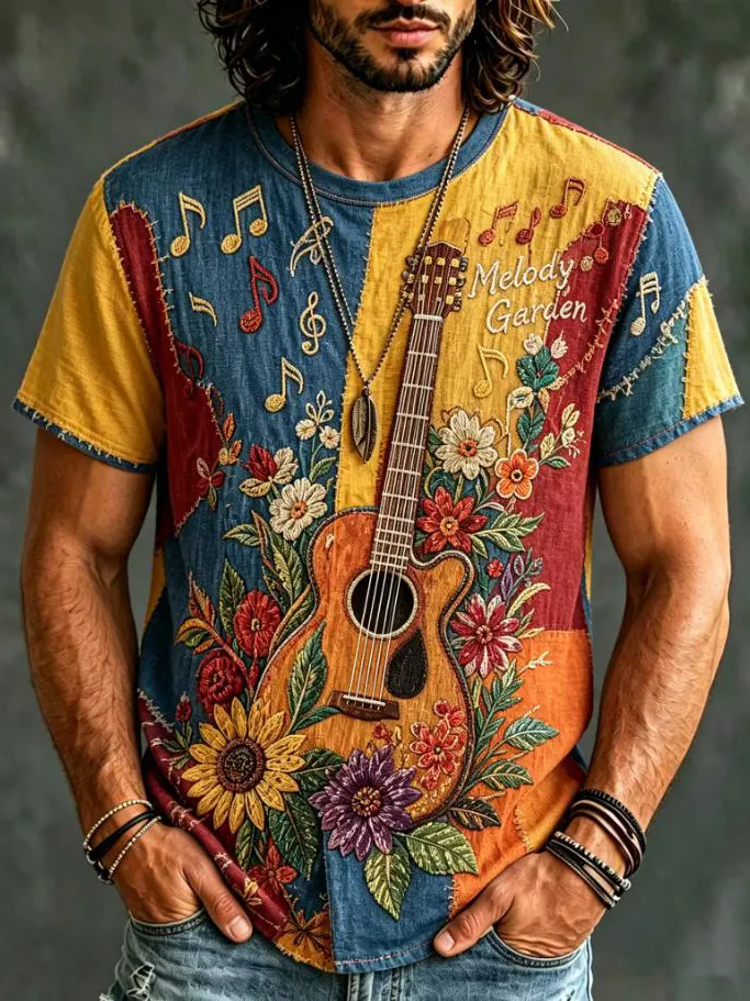 Men's Guitar Flowers Hippie Art Print Casual T-Shirt