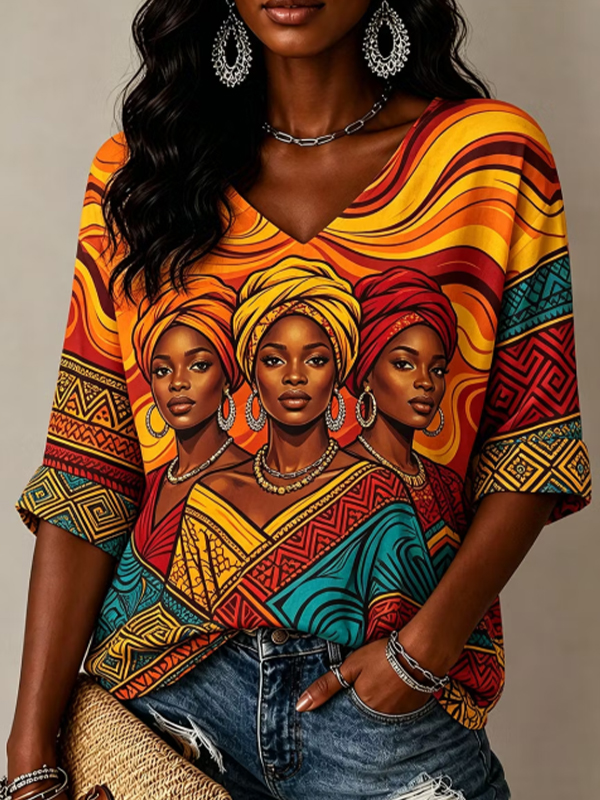 Women's African Women Ethnic Art Print Casual V Neck T-Shirt