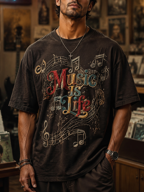 Men's Note Music Is Life Print Cotton Casual T-Shirt