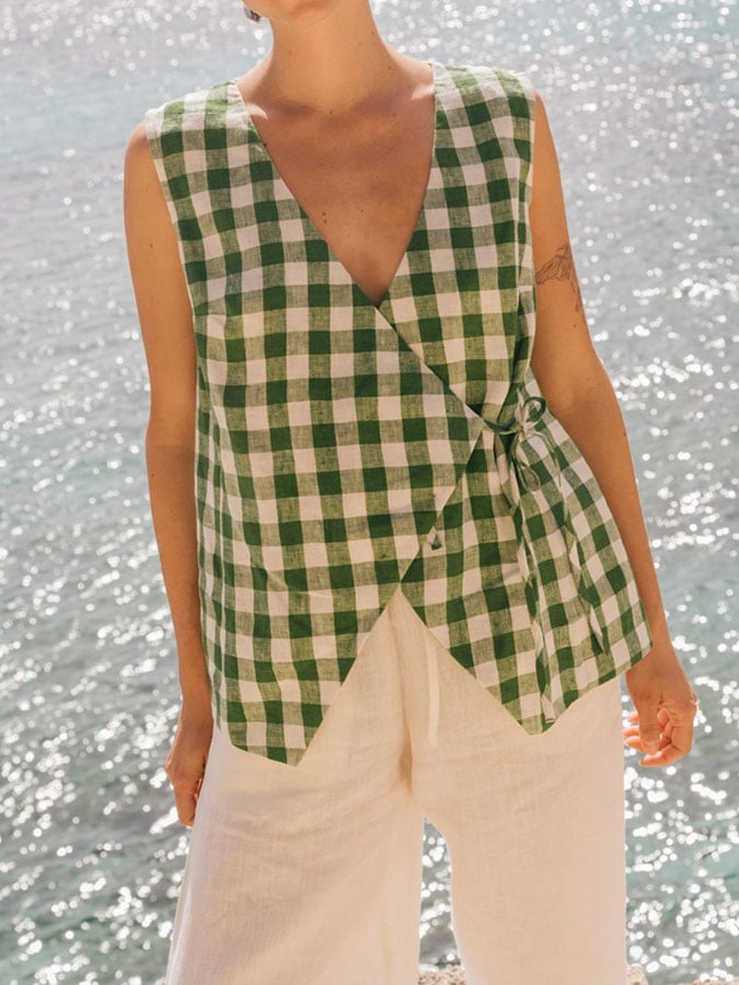 Women's cotton and linen plaid tie sleeveless shirt