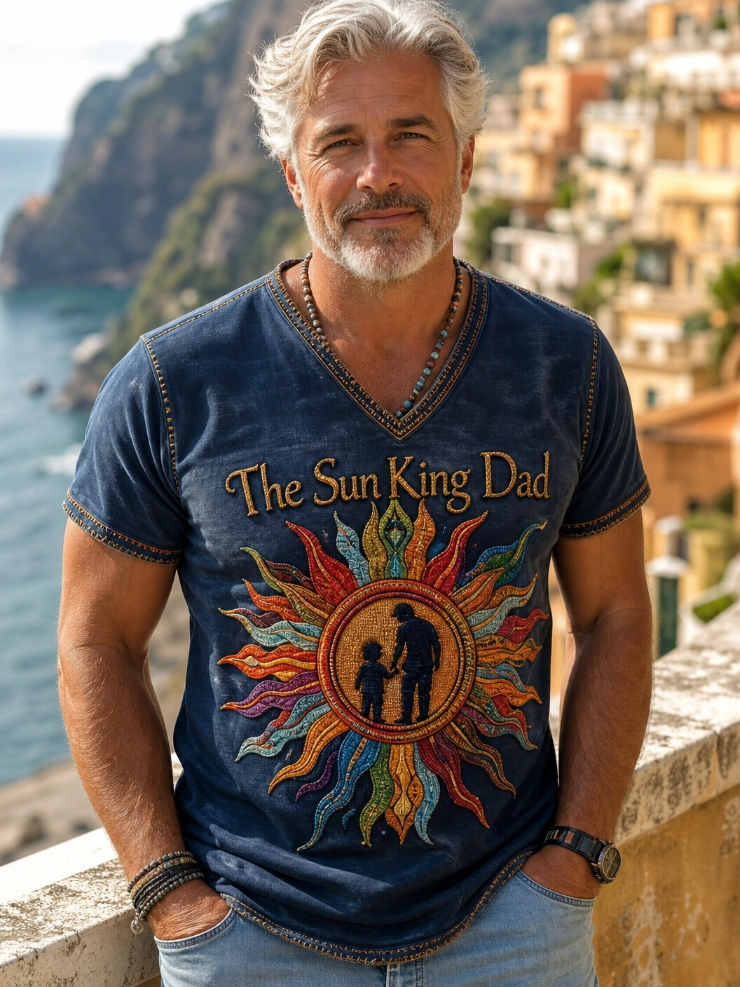 Men's The Sun King Dad Art Print Casual V Neck T-Shirt