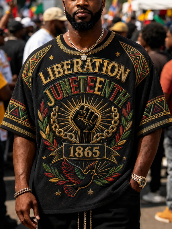 Men's Juneteenth Liberation Peace Dove Wreath Letter Art Print Drop Shoulder Casual T-Shirt