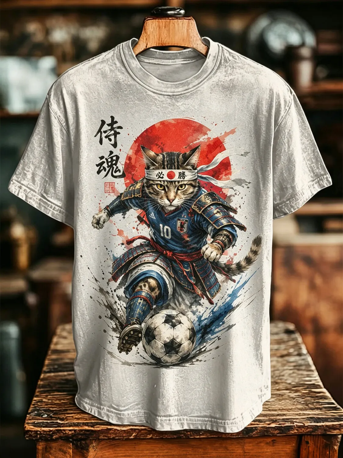 Men's Samurai Cat Soccer Player Japanese Ink Wash Print T-Shirt