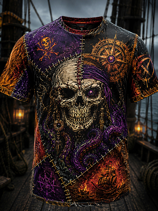 Men's Skeleton Pirates And Cthulhu Octopus Art Print T-Shirt