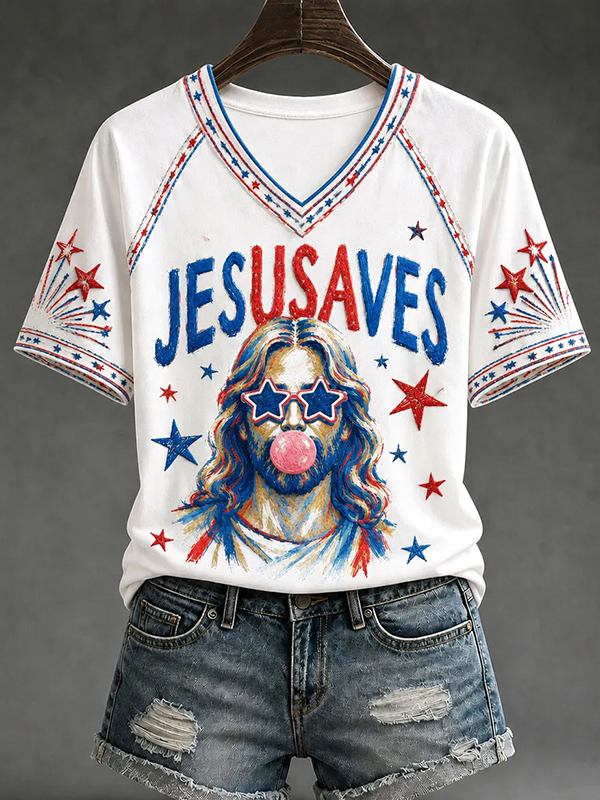 Women's Jesus Saves USA Faith Print Casual V Neck T-Shirt