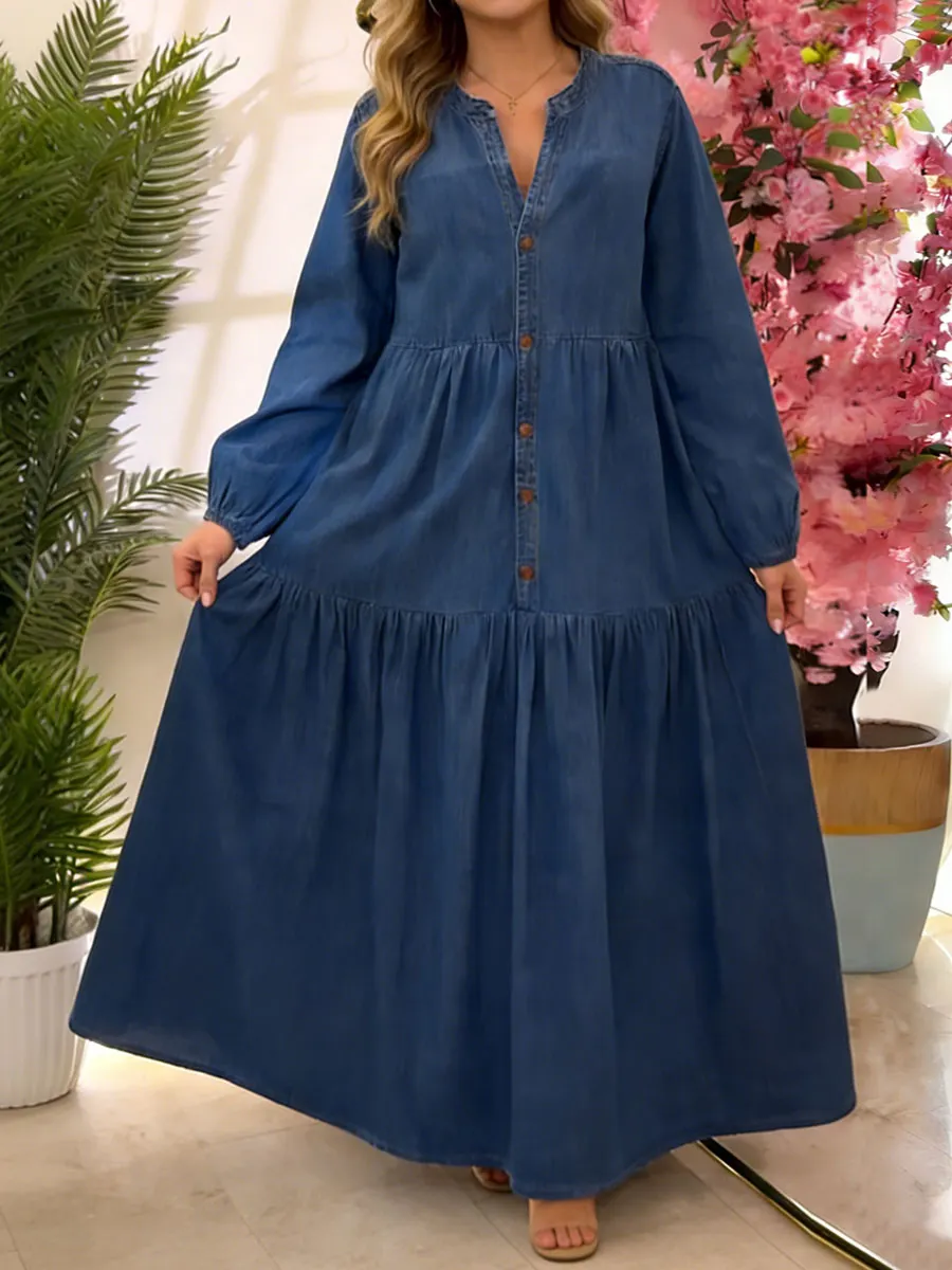 Women's V-neck Long-sleeved Casual Loose Denim A-line Dress