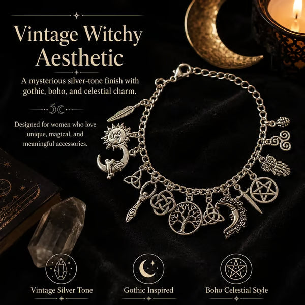 🌙 Vintage Witchy Charm Bracelet – Mystical Celestial Jewelry For Everyday Magic