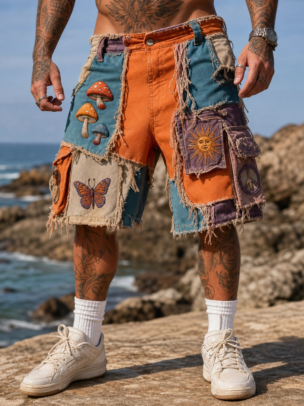 Men's Color Block Hippie Mushroom Sun Butterfly Graphic Print Cargo Shorts