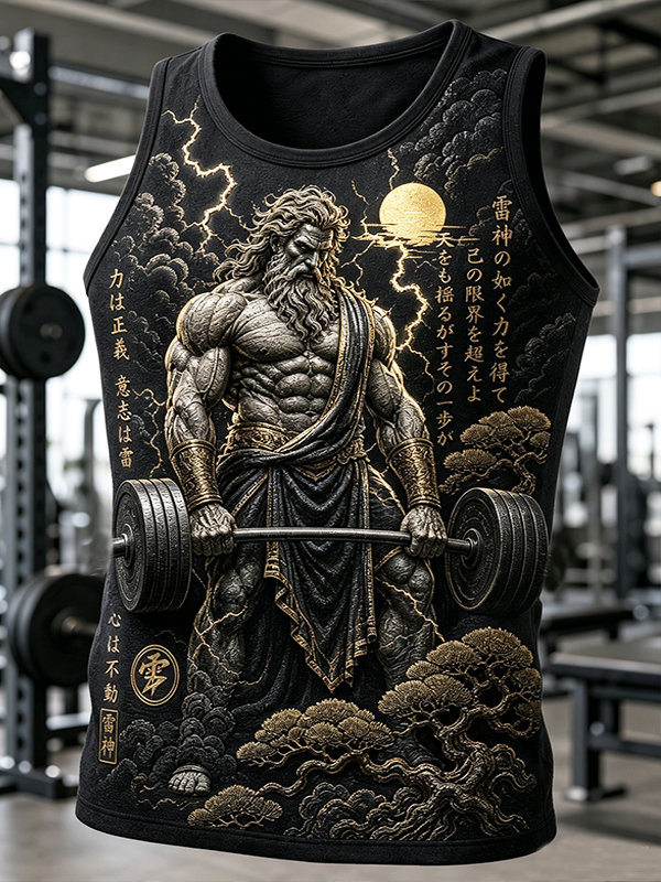 Men's Black Gold Lightning Japanese Thor Weightlifting Art Print Tank Top