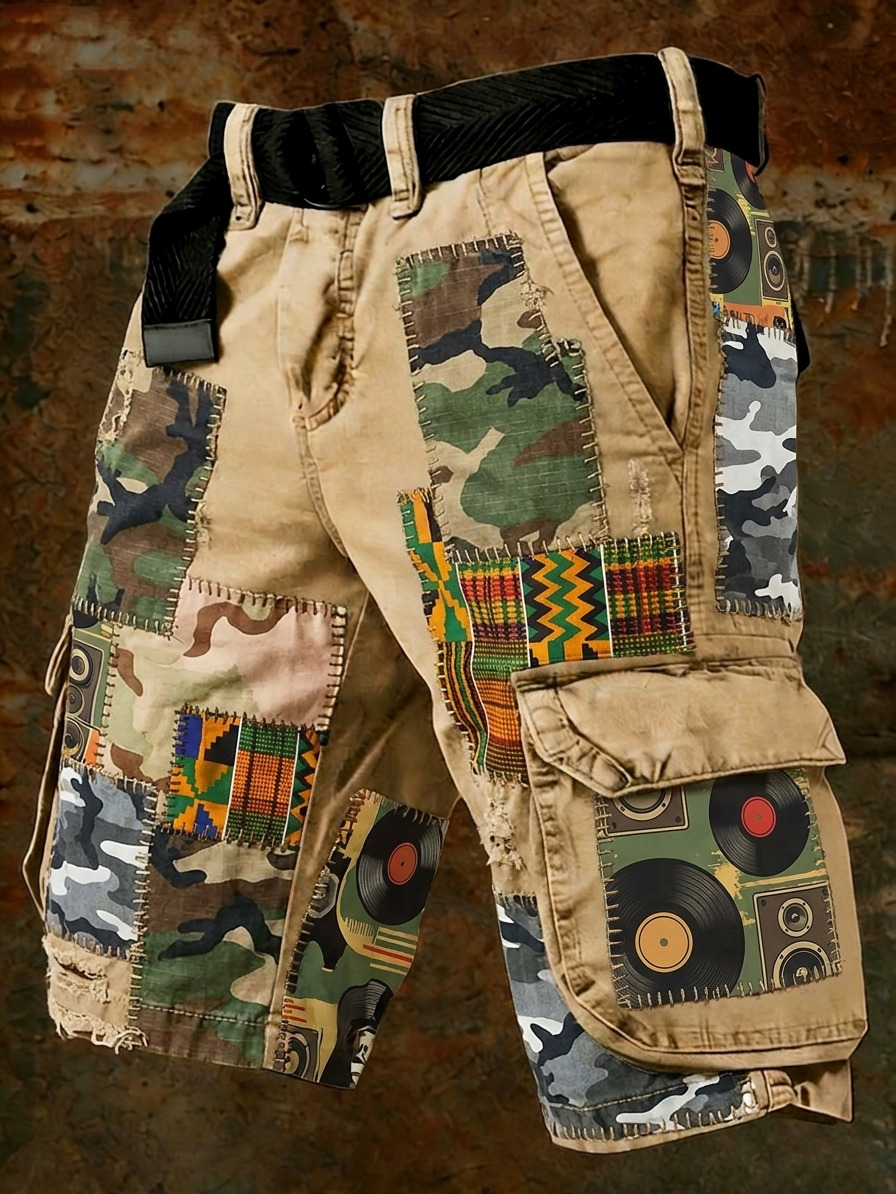 Men's Retro Vinyl Record Camo Stitching Print Cargo Shorts