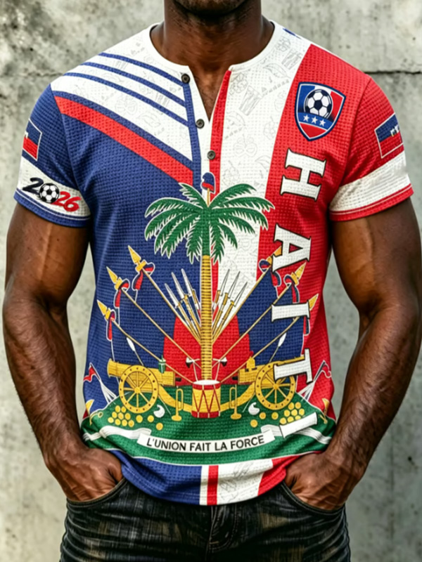 Men's Haiti Flag Soccer Jersey Emblem Print Half Button Henley T-Shirt