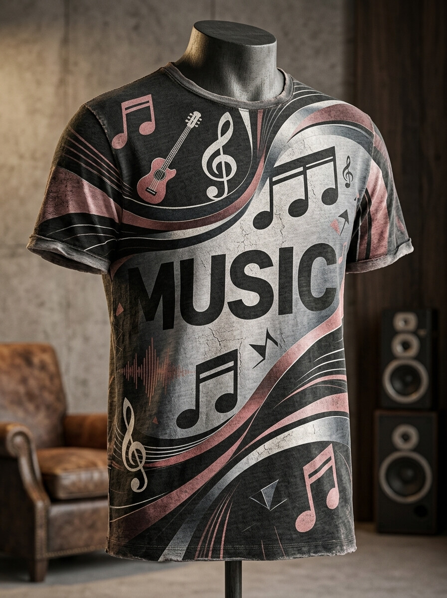 Men's Retro Music Note Art Print T-Shirt