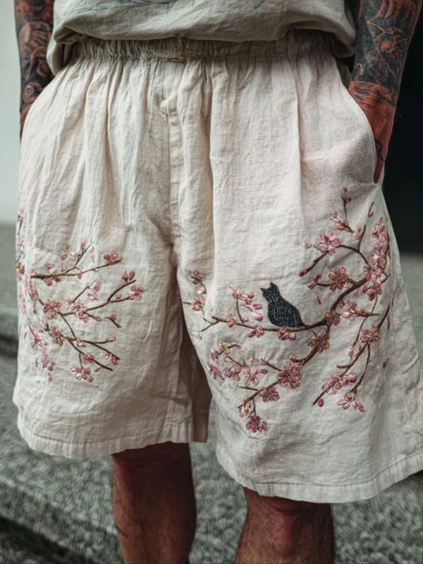 Men's Cherry Blossom Cat Japanese Art Print Casual Shorts