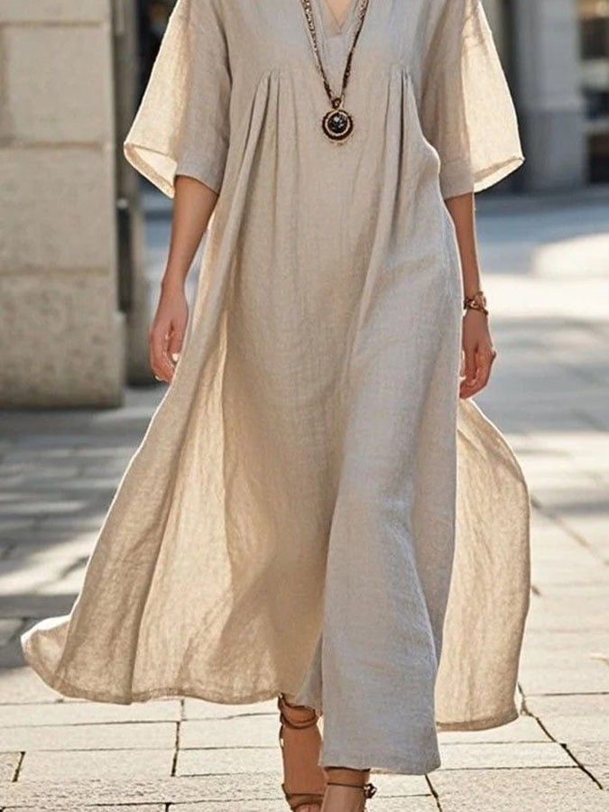 Ladies Casual Solid Color V-Neck Mid Sleeve Shirred Dress
