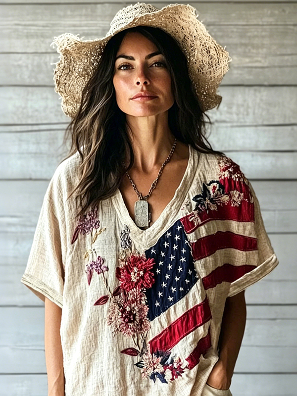 Women's American Flag and Flowers Print Casual V Neck T-Shirt