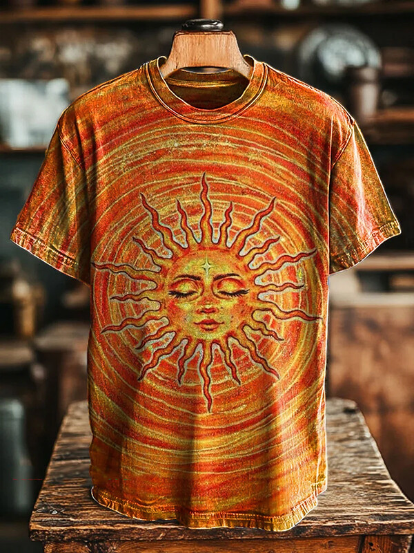 Men's Hippie Art Sun Face Printed Casual T-Shirt