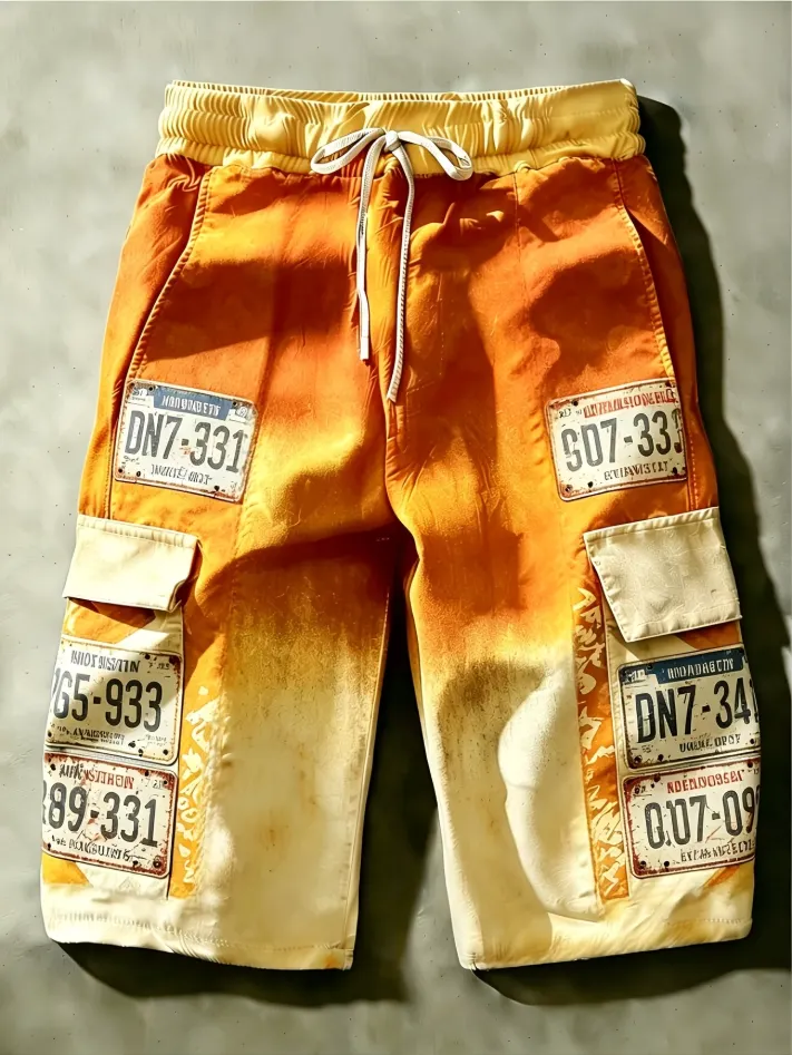 Men's Vintage Car Tag Gradient Print Drawstring Cargo Shorts
