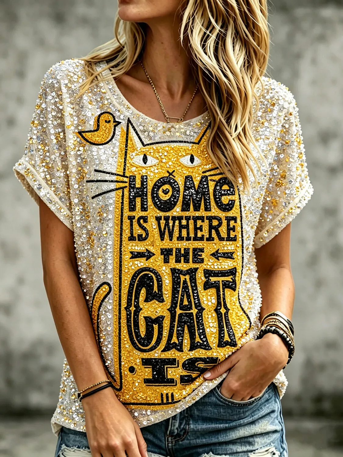 Women's Rhinestone Home Is Where The Cat Is Yellow Cat Bird Art Print Casual T-Shirt