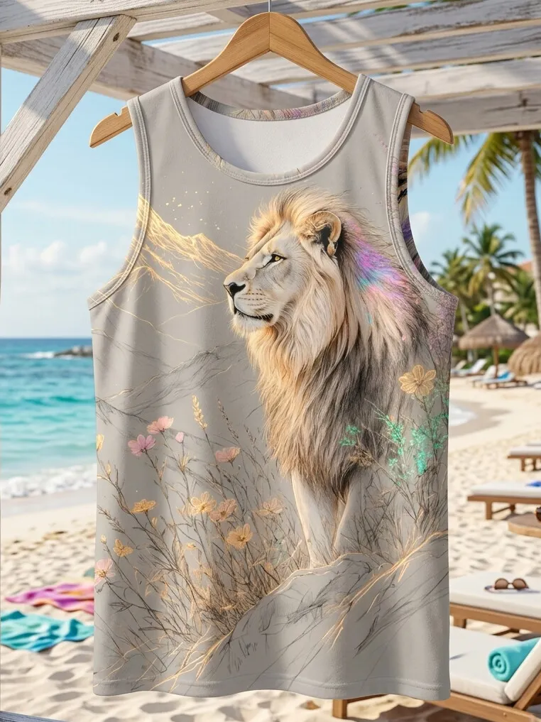 Men's Watercolor Lion And Floral Art Print Tank Top