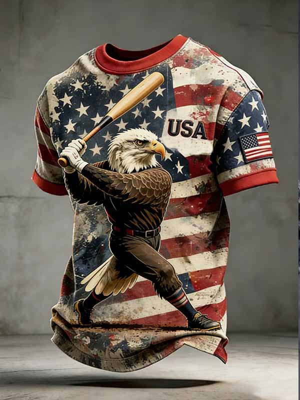Men's Eagle Baseball Stars Stripes Flag Print Casual T-Shirt
