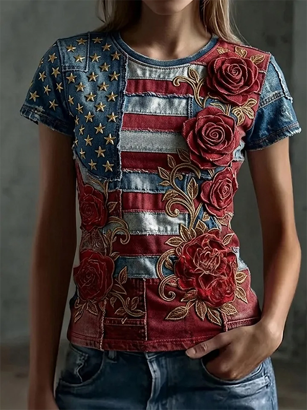 Women's American Flag Rose Patchwork Art Print Casual T-Shirt
