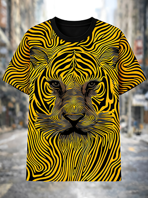 Men's Abstract Art Striped Lion Print Casual T-Shirt