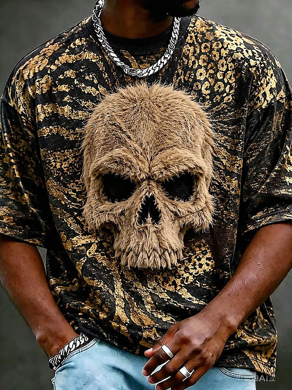 Men's Fuzzy Skull & Gold Leopard Print T-Shirt