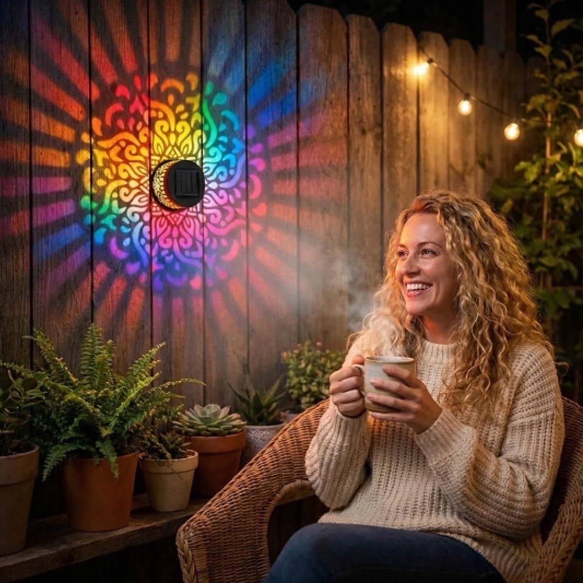 Woman relaxing beside a colorful solar mandala projection on a wood wall