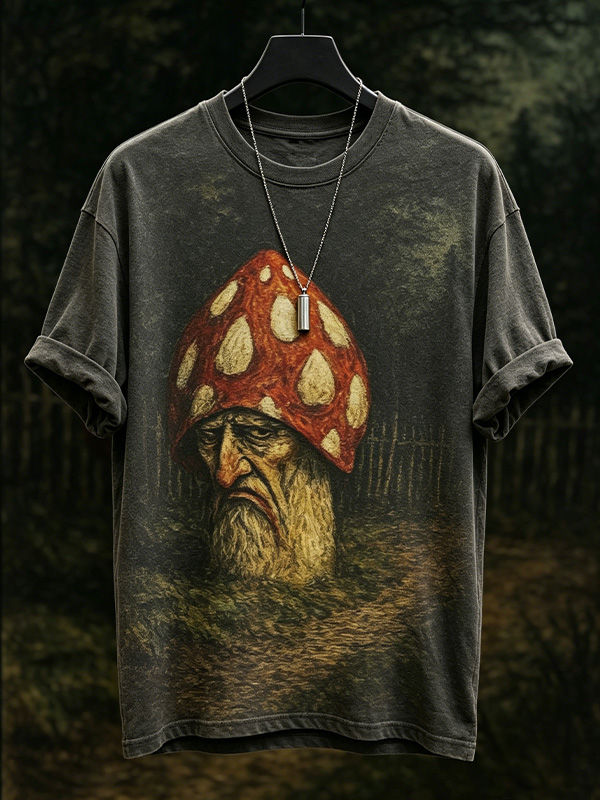 Men's Vintage Oil Painting Mushroom Man Head Print T-Shirt