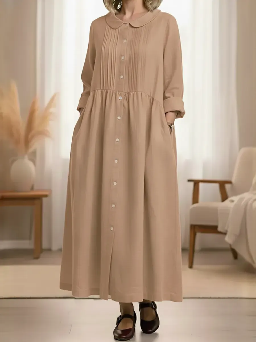 Women's Peter Pan Collar Long-sleeved Cotton And Linen Dress