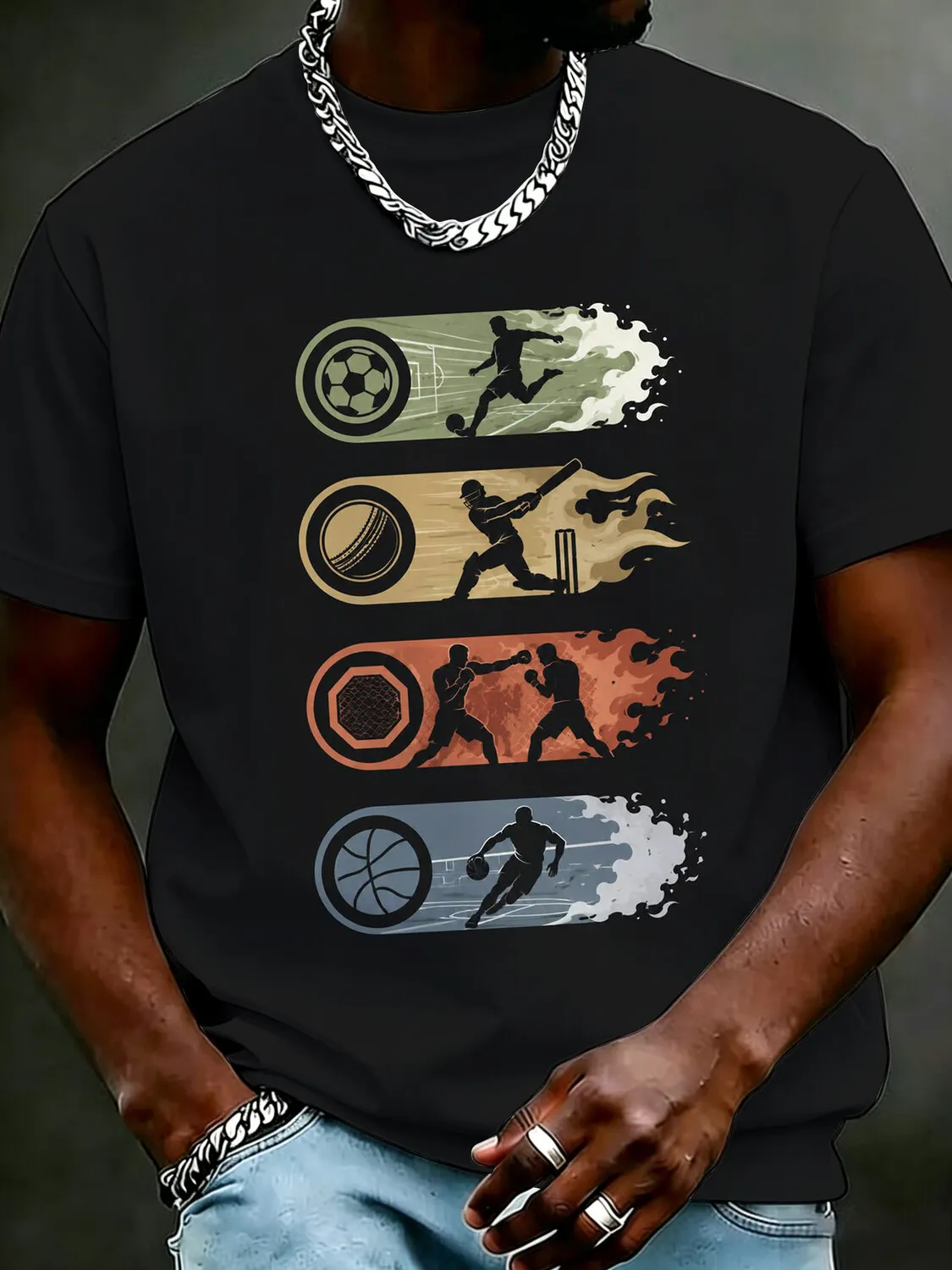 Men's Multi Sport Silhouette Art Print Cotton Casual T-Shirt