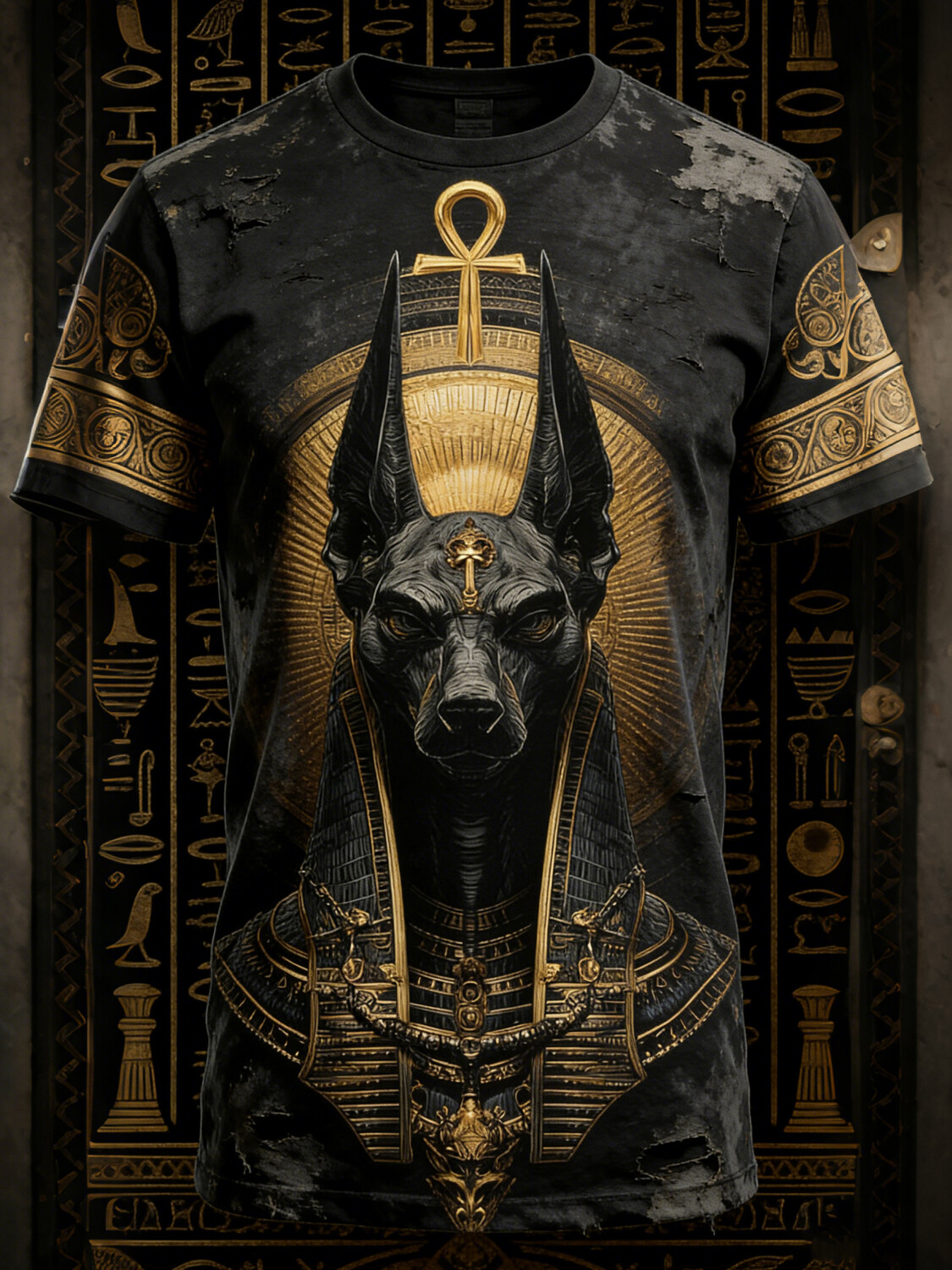 Men's Celestial Anubis With Ankh Halo Print T-Shirt