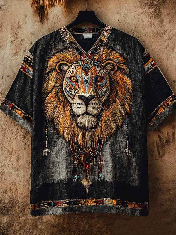 Men's African Tribal Art Lion Print Casual V Neck T-Shirt