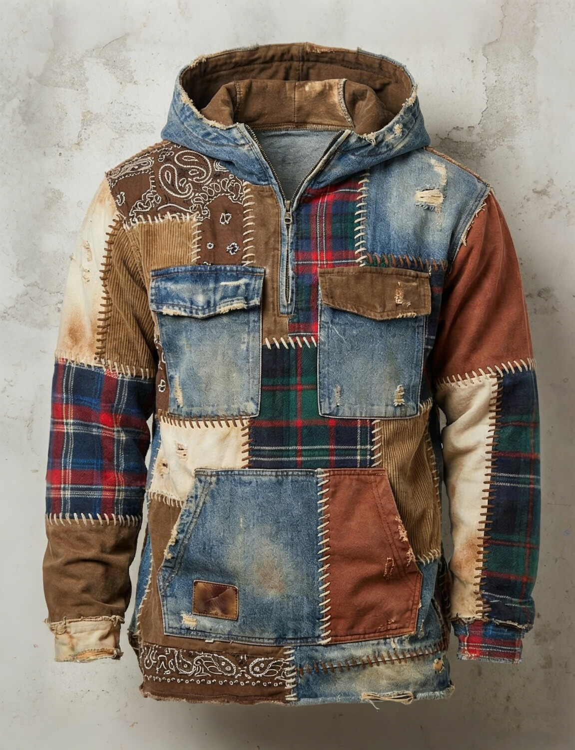 Men's Colorblock Plaid Paisley Patchwork Print Pockets Half Zip Hoodie