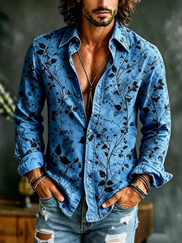 Men's Black Leaf Silhouette Print Long Sleeve Shirt