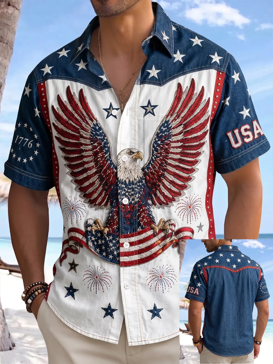 Men's American Flag Printed Casual Collar Shirt 4th of July Patriotic Short Sleeve
