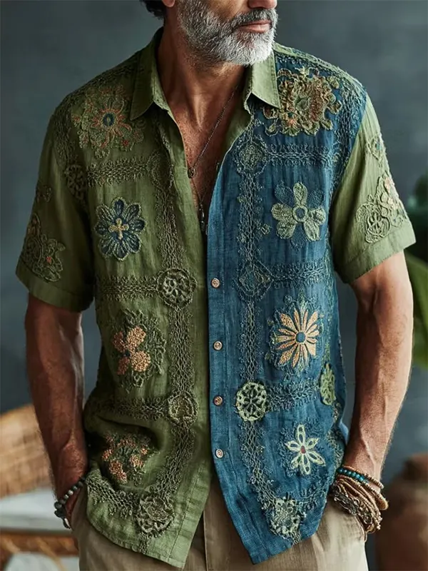 Men's Boho Flowers Print Short Sleeve Shirt