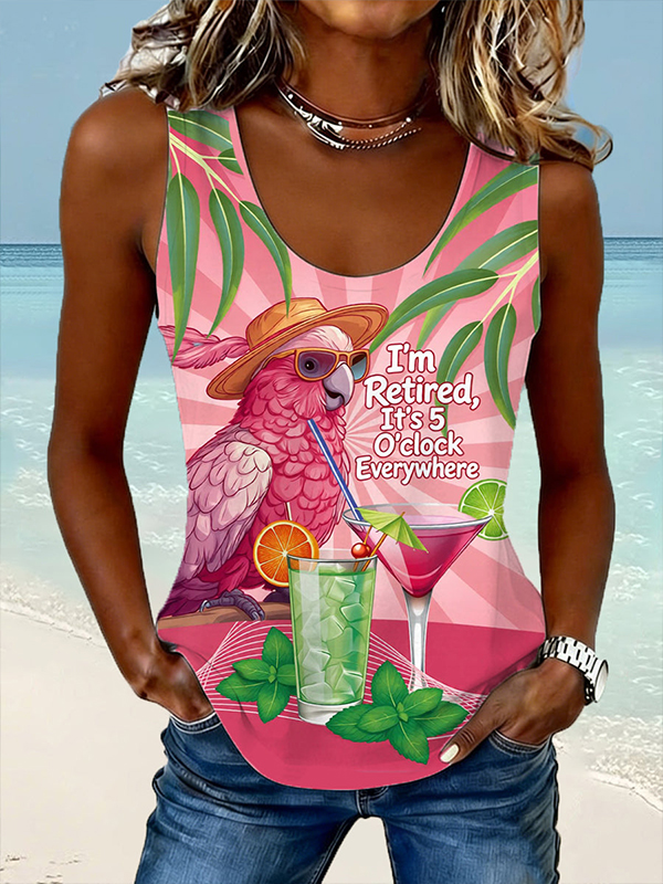 Women's I'm Retired It's 5 O'clock Everywhere Holiday Parrot Cocktail Art Print Tank Top