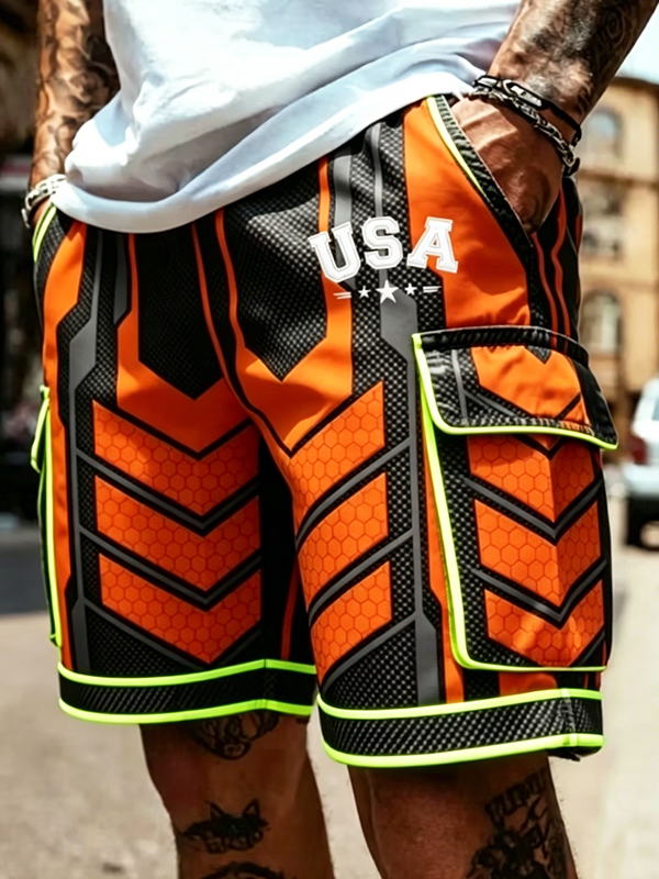 Men's Geometric Graphic USA Print Drawstring Cargo Shorts