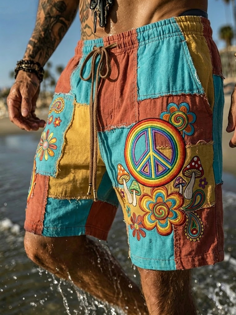 Men's Floral Geometric Patchwork Hippie Art Print Casual Shorts