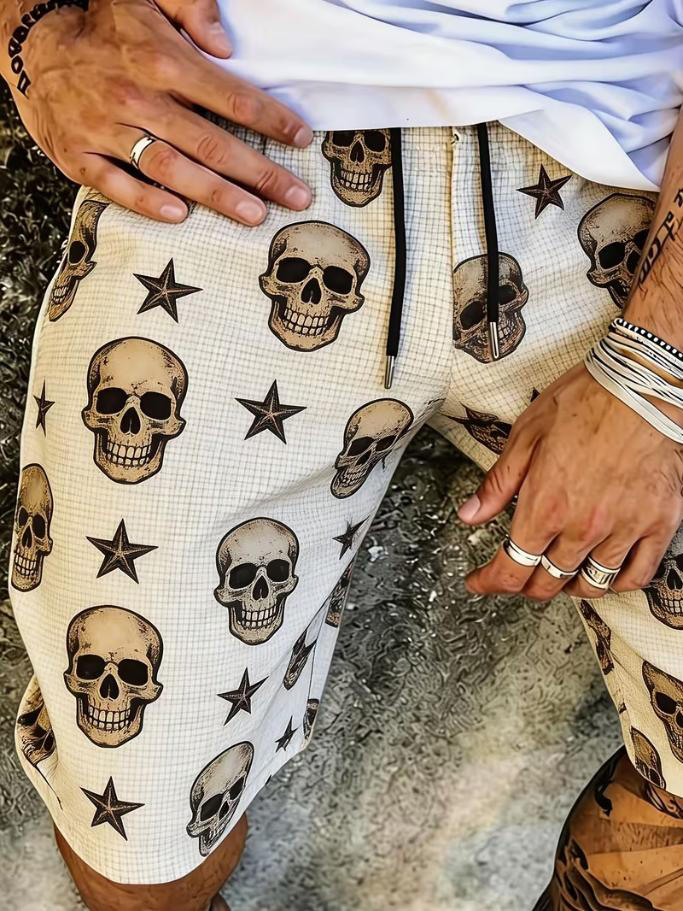 Men's Vintage Skull And Star All Over Print Casual Shorts