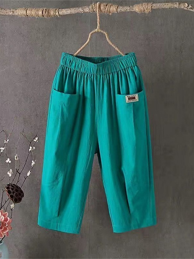 Women's Shorts Slacks Cotton Pocket High Waist Calf-Length Black Summer