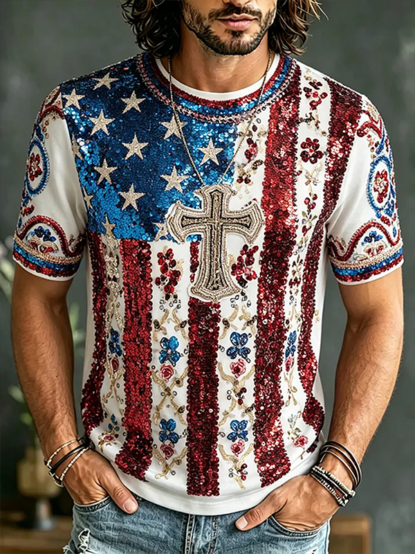 Men's American Flag Sequin Cross Print T-Shirt
