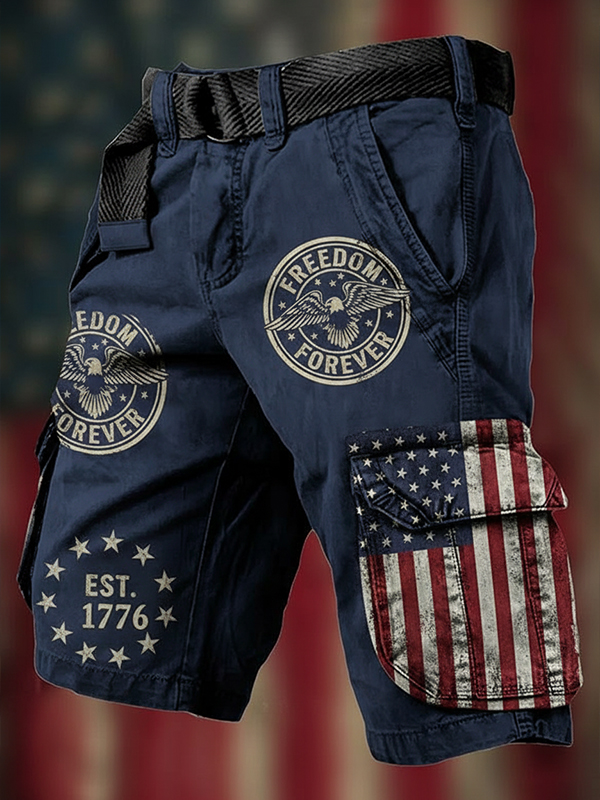 Men's America Freedom Forever Print Denim-Like Cargo Shorts