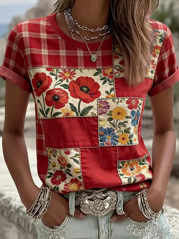 Women's Boho Retro Floral Plaid Patchwork Art Print Casual T-Shirt