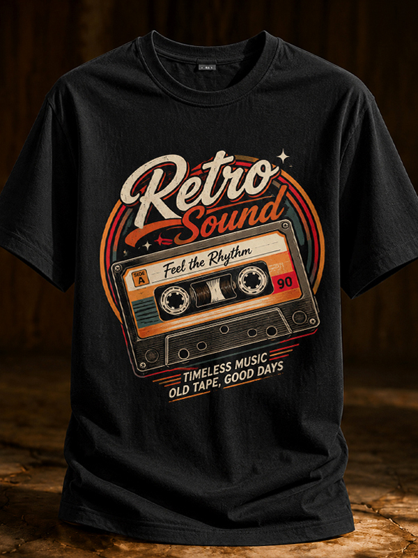 Men's Vintage Cassette Tape Retro Sound Print Cotton Casual T-Shirt