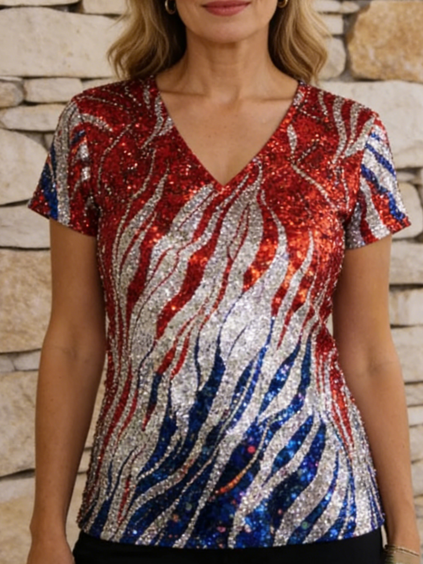 Women's Sparkly Abstract USA Flag Print Casual V Neck T-Shirt